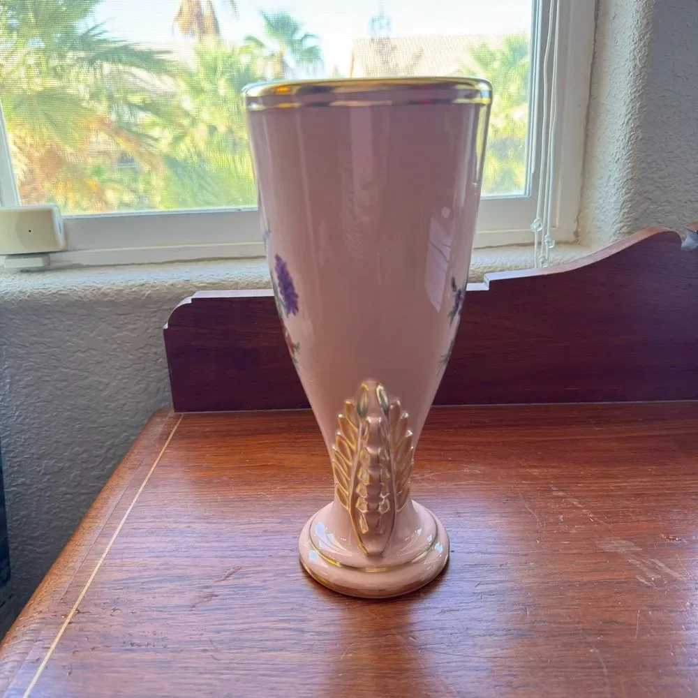 Vintage Art Deco Vase Pink Flowers Gold Trim